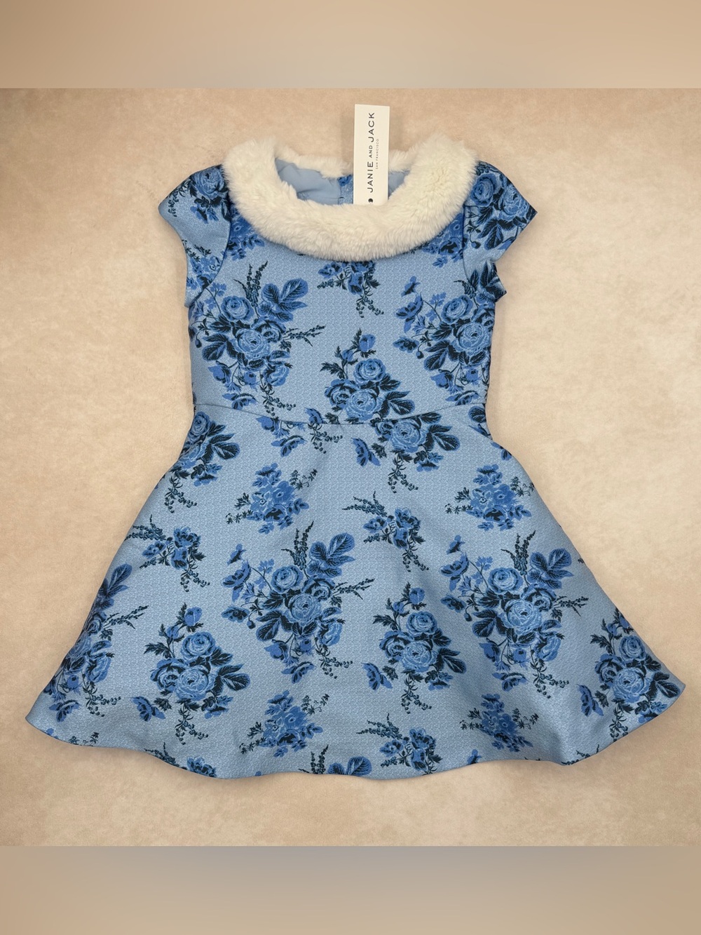 🆕 Janie and Jack Light Blue Floral Dress with White Faux-Fur Collar